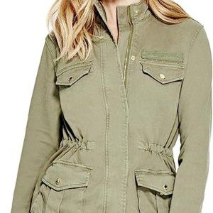 GUESS Factory womens MOTO JACKET BEIGE Size SMALL CANVAS coat **COLOR = BEIGE**